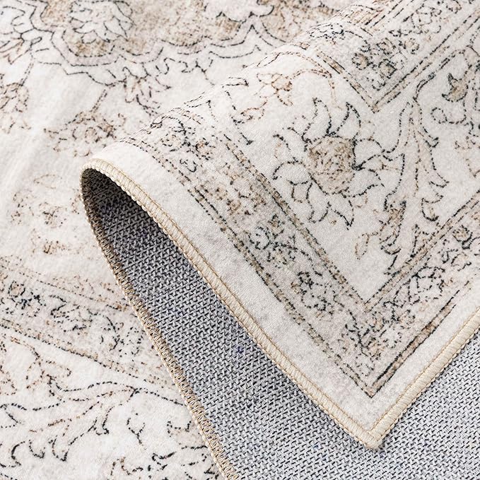 PureCozy Beige Runner Rug 2'6"x12' Washable Vintage Carpet Hallway Kitchen Soft Retro Low Pile Thin Indoor Bedroom Non Slip Oriental Medallion Long Throw Rug for Bathroom Laundry Dining Room