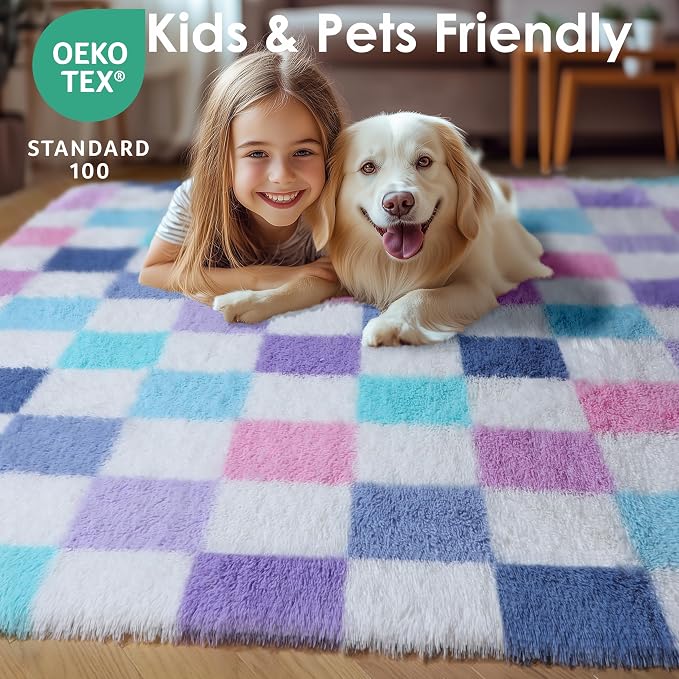 KICMOR Purple Rainbow Checkered 6x9 Area Rugs for Living Room, Large Colorful Fluffy Soft Fuzzy Shag Shaggy Bedroom Carpet, Cute Indoor Plush Rug for Kids Girls Dorm Nursery Home Decor Aesthetic