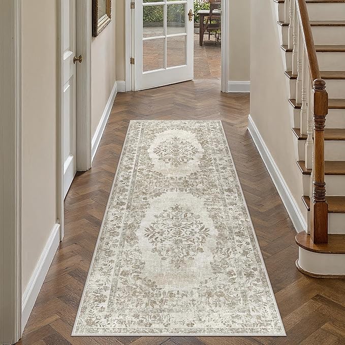 PureCozy 2x4 Runner Rug Beige Washable Hallway Kitchen Bedroom Vintage Distressed Bathroom Non Slip Medallion Floral Carpet Indoor Retro Throw Floor Mat for Office Dining Laundry Living Room