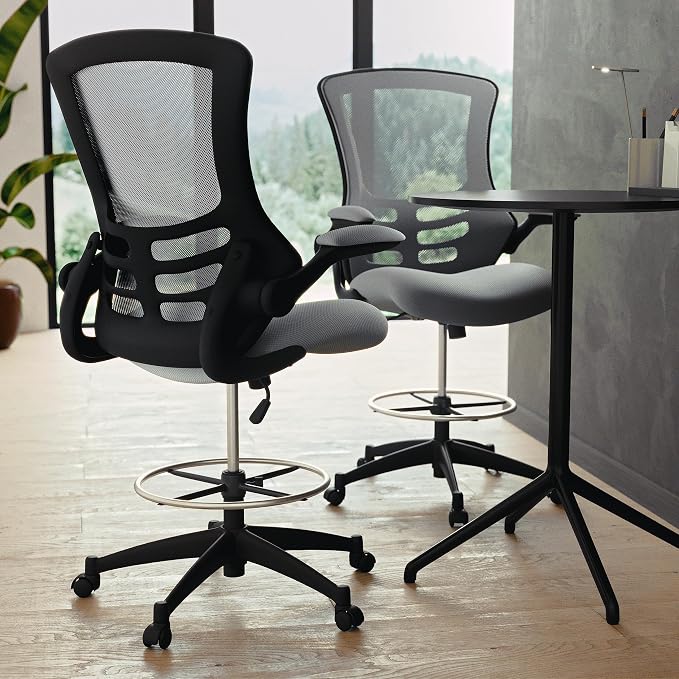 Flash Furniture Kelista Mid-Back Swivel Office Chair with Adjustable Seat Height, Ergonomic Mesh Desk Chair with Flip-Up Armrests, Dark Gray | Adjustable Foot Ring, Mid-Back, Flip-Up Arms, Mesh Back