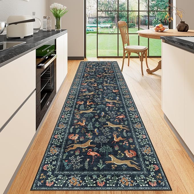DUKINO Washable 2.6x10 Runner Rug, Non Slip Animal Print Runner Rug for Hallway, Vintage Low Pile & Stain Resistant Soft Indoor Carpet Runner for Kitchen, Bathroom, Laundry, Bedroom, Navy Blue