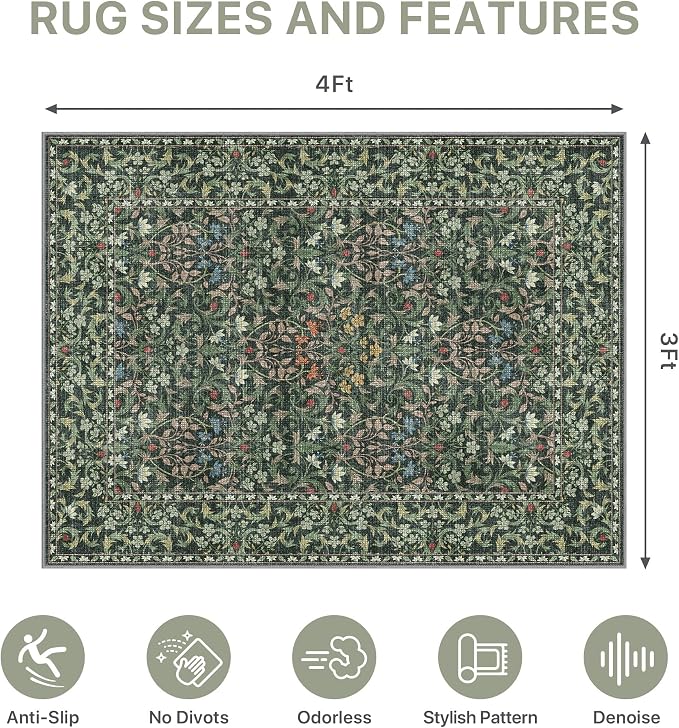 36"x48" Office Chair Mat for Hardwood Tile Floor, Under Desk Carpet Protector for Rolling Computer Chair Mat, Machine Washable Area Rug, Anti-Slip 1/5" Thick Low Pile Thin Vinyl Floor Mat, Moss Green