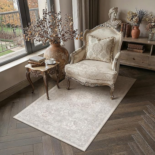 PureCozy Gray 3x5 Area Rug Washable Vintage Office Carpet Non Slip Low Pile Indoor Entryway Door Mat Soft Retro Oriental Medallion Grey Accent Throw Rug for Bathroom Office Bedroom Living Room