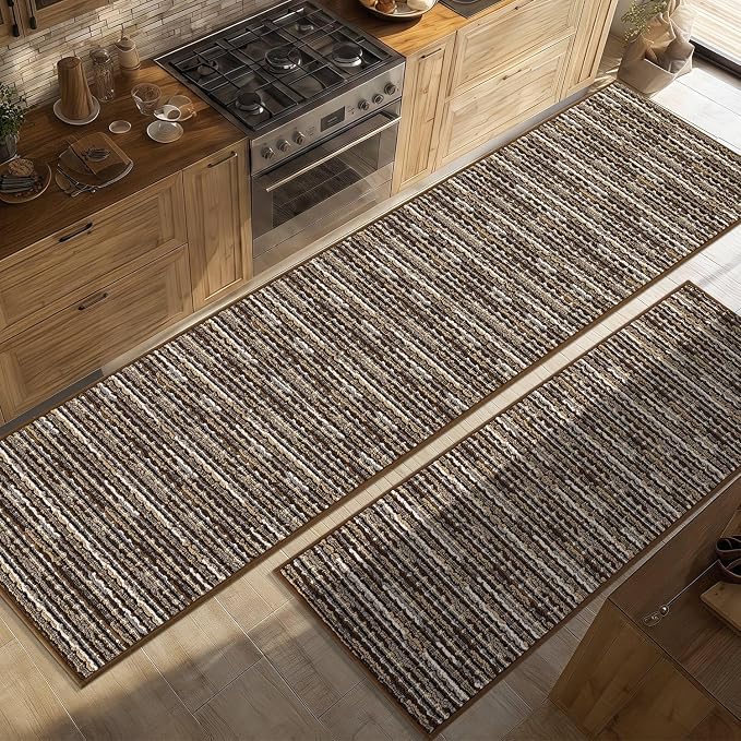 Kitchen Rugs Sets of 2-Non Slip Kitchen Mats for Floor-Thick Stain Resistant Vintage Kitchen Floor Mat Runner Carpet for Hallways Entryway Laundry Room Washable（Brown 24"x79"+20"x47"）