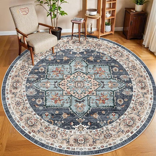 Washable Oriental Area Rug - 9ft Rugs for Living Room Soft Carpet for Bedroom Waterproof Floral Distressed Indoor Stain Resistant Non-Shedding Floor Carpets (Blue/Teal/Orange, 9ft-Round)