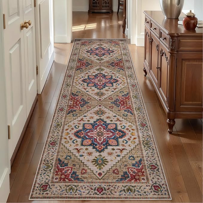Tangsoo 2.6x10ft Hallway Runner Washable Runner Rug for Hallways, Non Slip Vintage Soft Low Pile Long Rug Runner, Oriental Carpet Runners for Kitchen Bedroom Entryway Living Room Beige/Blue
