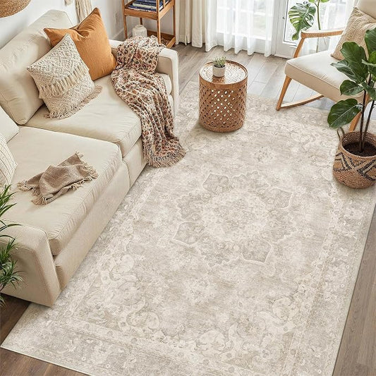 PureCozy Beige 3x5 Area Rug Washable Vintage Office Carpet Non Slip Low Pile Indoor Entryway Door Mat Soft Retro Oriental Medallion Accent Throw Rug for Bathroom Office Bedroom Living Room