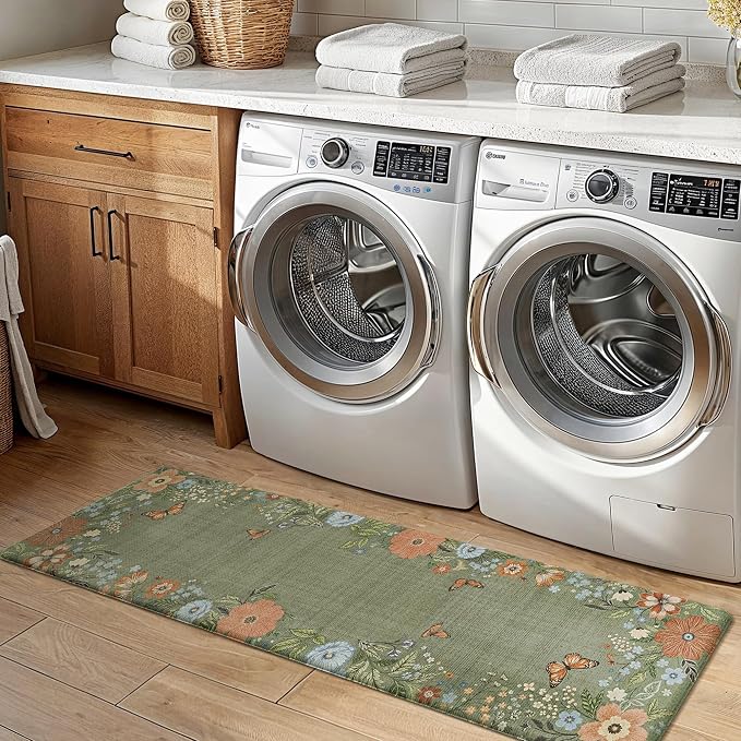 GENIMO Anti Fatigue Kitchen Mats for Floor 2PCS, Cushioned Standing Mats | 17.3"x59"&17.3"x30", Natural Green vintage floral rug set, waterproof, non slip, easy-clean for farmhouse