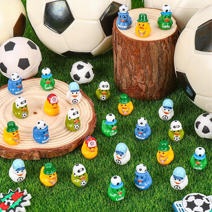 120 Soccer Mini Resin Ducks 6 Styles Bulk Miniature Football Duck Figurines for Soccer Party Favors Team Gifts Goodie Bags Stuffers Tabletop Dollhouse Cake Fairy Garden Micro Landscape Decor