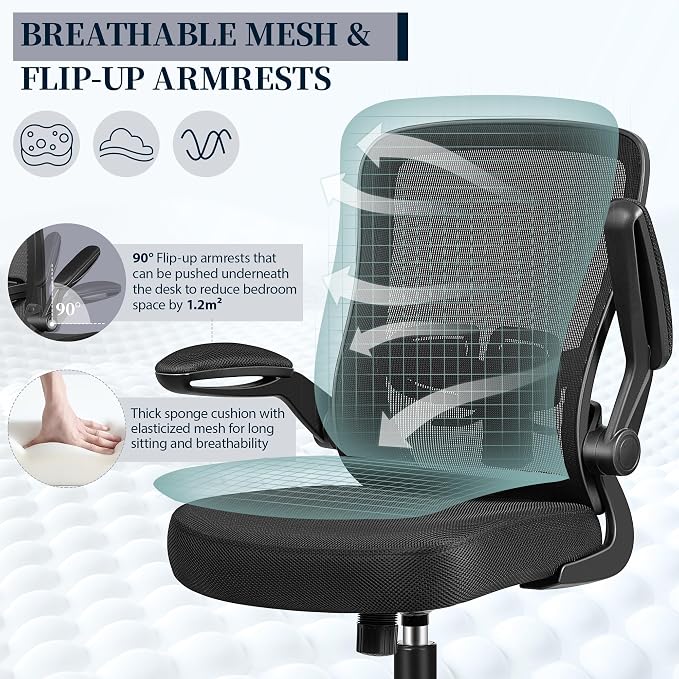 FelixKing Office Chair, Ergonomic Comfy Desk Chair with Flip-up Armrests | Adjustable Height, 360° Swivel, Flexible Tilt, Breathable Cushion and Fabric, Lumbar Support for Home Conference Room Office