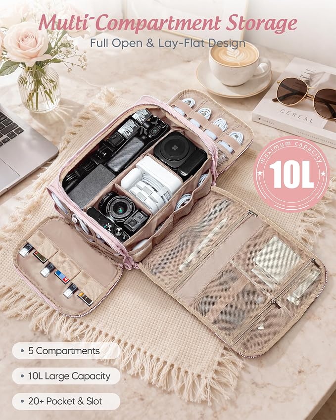 Marscamd Cable Organizer Bag, Travel Cord & Charger Organizer Pouch for Tech Accessories & Electronics, Home Storage, Pink