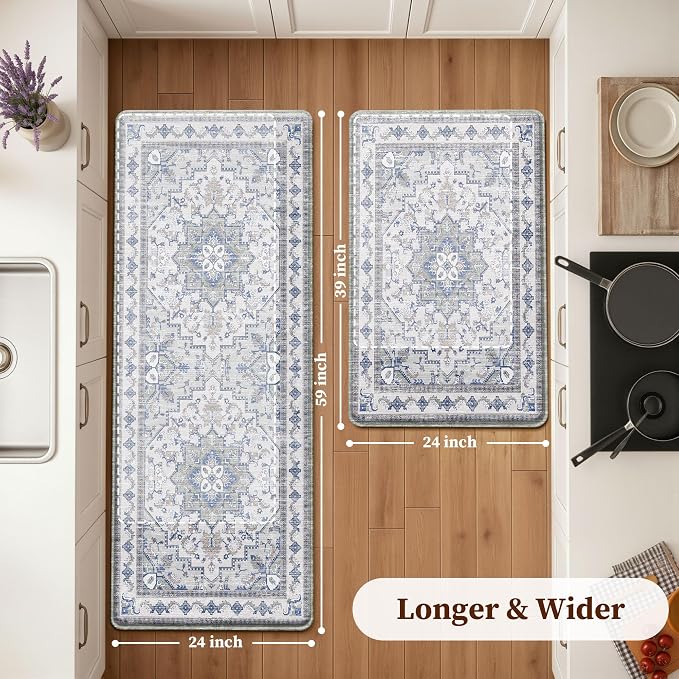 Boho Kitchen Mats for Floor 2 Piece Set Anti Fatigue Cushioned PVC Kitchen Rugs Non Slip Waterproof Farmhouse Mats 2/5 Inch Comfort Standing Mat for Sink, Laundry, 23.6"x39"+23.6"x59",C2