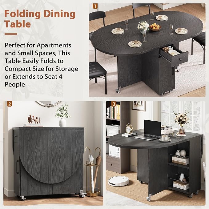 Jocoevol Round Folding Dining Table for 4, Space Saving Drop Leaf Kitchen Table with Storage Drawer, 6 Wheels Oval Gateleg Foldable Dining Table for Small Spaces(Black 47 * 23.6 * 30)