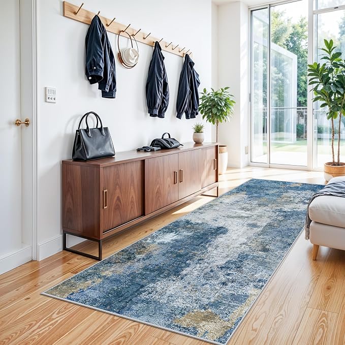 3x8 Washable Hallway Runner Rug: Modern Abstract Non-Slip Kitchen Rug for Bedroom Entryway - Ultra Thin Soft Low-Pile Stain Resistant Throw Floor Mat for Boho Home Decor (3X8 Blue-W)