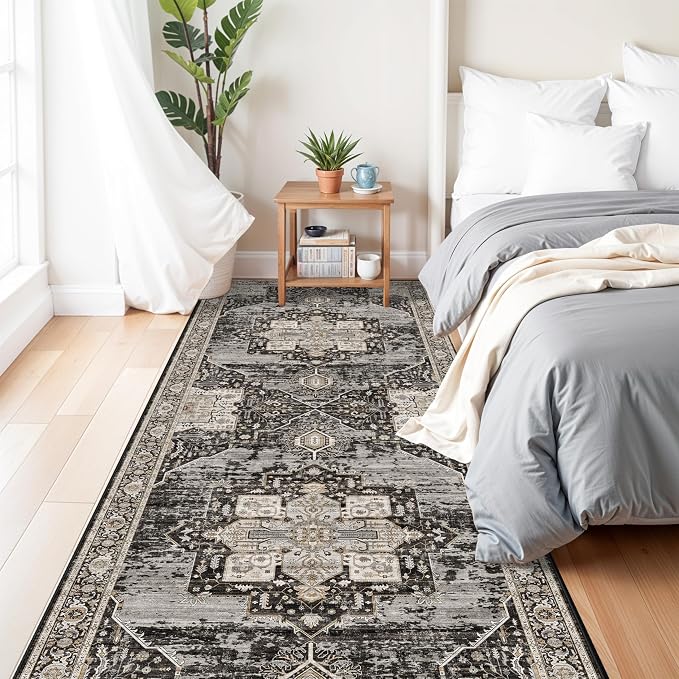 RUUGME Washable 4x12 Runner Hallway - Extra Long Runner Rug Soft Stain Resistant Carpet Vintage Ultra-Thin Rugs for Entryway Bedroom Kitchen with Non Slip Backing Home Decor Small Mat 4x12 Black