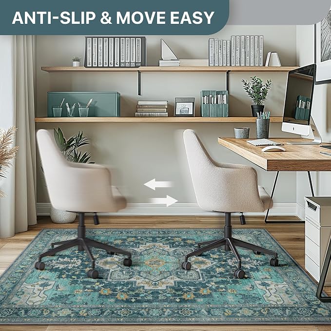 36"x48" Office Chair Mat for Hardwood Tile Floor, Under Desk Carpet Protector for Rolling Computer Chair Mat, Machine Washable Area Rug, Anti-Slip 1/5" Thick Low Pile Thin Vinyl Floor Mat, Turquoise