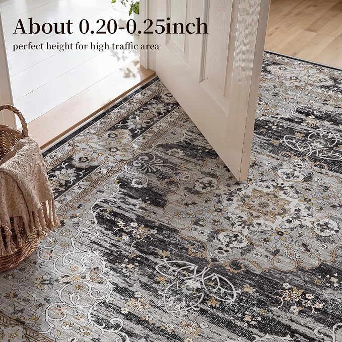 2x6 Runner Rug for Hallway Washable: Non Slip Kitchen Rugs with Rubber Backing Soft Waterproof Mats Stain Resistant Indoor Vintage Carpet Runner for Bedroom Bathroom Laundry Entryway Black/Gray