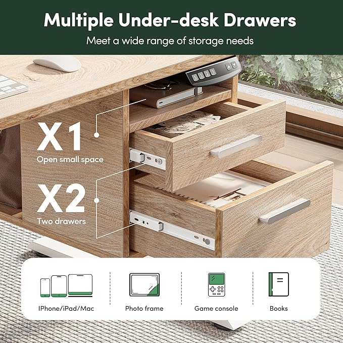 CubiCubi Standing Desk with Wood Drawers, 48" x 24" Electric Height Adjustable Table with Monitor Shelf, 3 Drawers and Open Storage, Computer Home Office Sit and Stand up Workstation, Maple