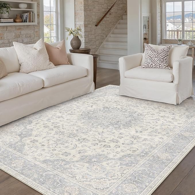 PureCozy 3x5 Area Rug Washable Neutral Gray Vintage Entryway Office Carpet Non Slip Low Pile Soft Door Mat Floral Indoor Small Grey Throw Rug for Entrance Bathroom Bedroom Office Laundry