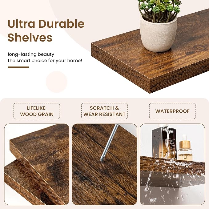 Square Floating Shelves for Wall, 10"W x 10"D x 1.25"H, 3 Packs Small Wall Mounted Engineered Wood Shelves with Invisible Brackets for Living Room, Bedroom, Bathroom, Kitchen Decor, Rustic Brown