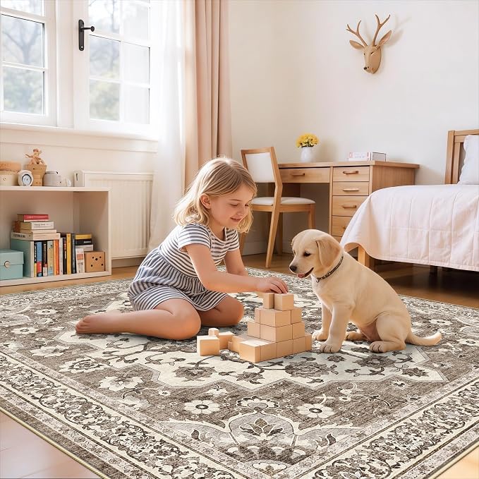 TOPRUUG Washable 7x7 Rug Square - Soft Living Room Area Rug for Under Sofa Non-Slip Rugs for Bedroom Dining Room - Stain Resistant Farmhouse Decor for Family with Pets & Kids (Beige, 7x7)