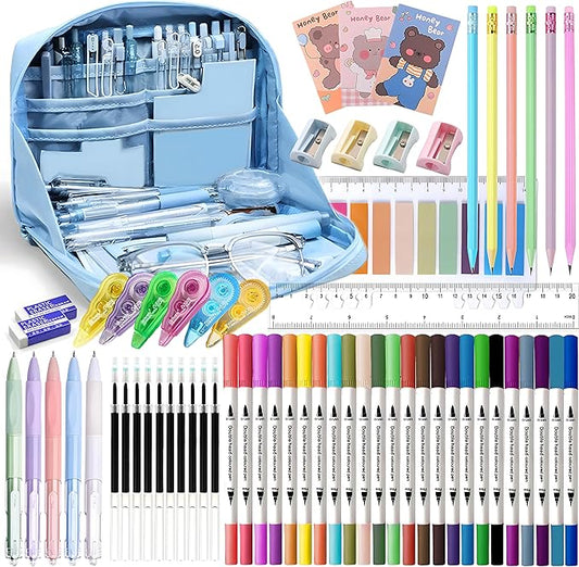 56 PCS Aesthetic School Supplies with Large Pencil Case, 24 Double Brush Marker Pens, 5 Black Ink Gel Pens, 6 Macaron Pencils, 4 Sharpeners, Sticky Notes, Ruler, Erasers, Stationery Gift