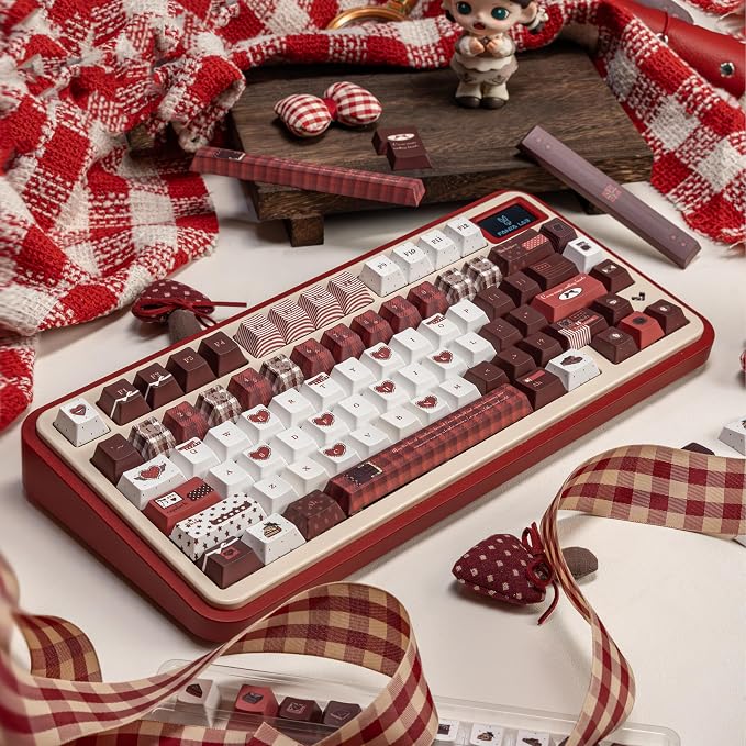 145 Keys Velvet Chocolate Keycaps, Dye-Sublimation PBT Custom Keycap Set for Cherry Profile, Cute Dark Red White Keycap for MX Switches Mechanical Gaming Keyboard