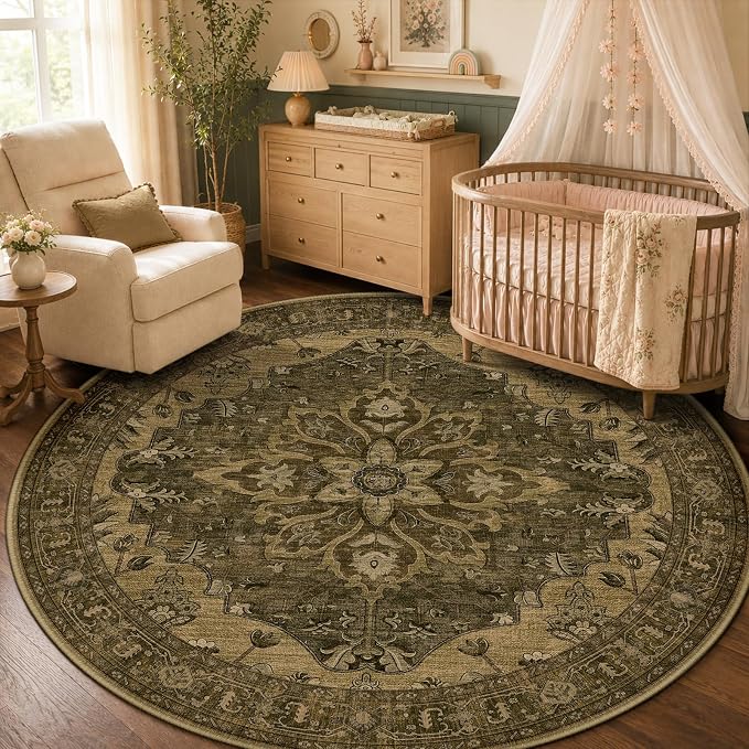 RELEANY Area Rugs Round 5ft Washable Non-Slip, Floral Vintage Distress Medallion Carpet for Living Room Bedroom Dining Room, Brown Dark Brown