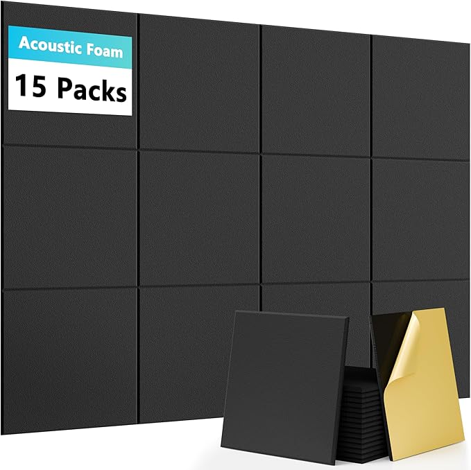 15 Pack Sound Proof Foam Panels for Walls, Acoustic Panels 12" x 12" x 0.35" High Density Sound Absorbing Panels for Home Studio, Office, Gaming Room & Theater