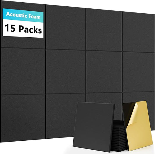15 Pack Sound Proof Foam Panels for Walls, Acoustic Panels 12" x 12" x 0.35" High Density Sound Absorbing Panels for Home Studio, Office, Gaming Room & Theater
