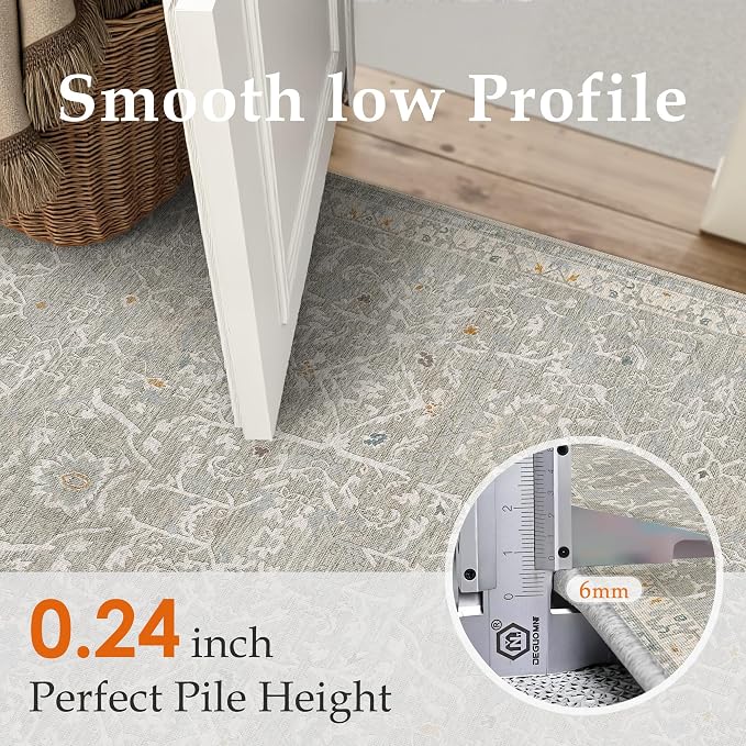 HUGEAR Area Rug 8x10 Retro Grey Machine Washable Living Room Rugs Distressed Vintage Floral Vacuumable Low Pile Carpet Bedroom Office Dining Room Laundry Room Non Slip Soft Lightweight