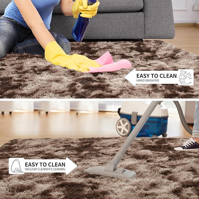 Tepook 4x6 Area Rugs for Living Room Bedroom, Soft Fluffy Plush Shaggy Girls Boys Kids Room Rug, Shag Upgrade Non-Slip Throw Carpet for Dorms Nursery Classroom Home Decor, Tie-Dyed Brown