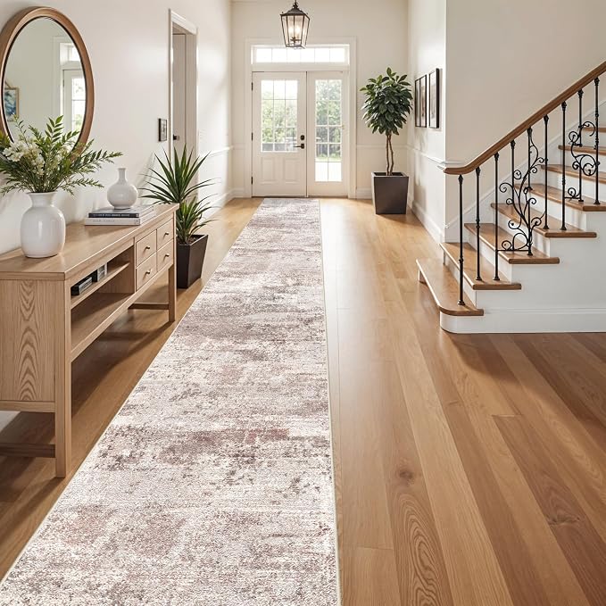 RUUGME 3x20 Runner Rug Washable - Runner Rug Stain Resistant for Living Room Non Slip Indoor Entryway Rubber Backing Carpet Bedroom Kitchen Distressed Floor Decor Mat 3x20 Brick/Brown/Beige