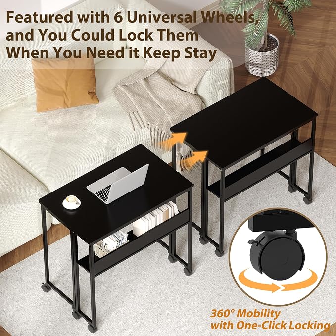 Folding Desk with Storage Shelf, 24.8 Inch Foldable Computer Table with Wheels for Small Spaces,Space Saving Sofa Table for Couch, Rolling Writing Work Office Computer Desk, Easy to Fold,Black