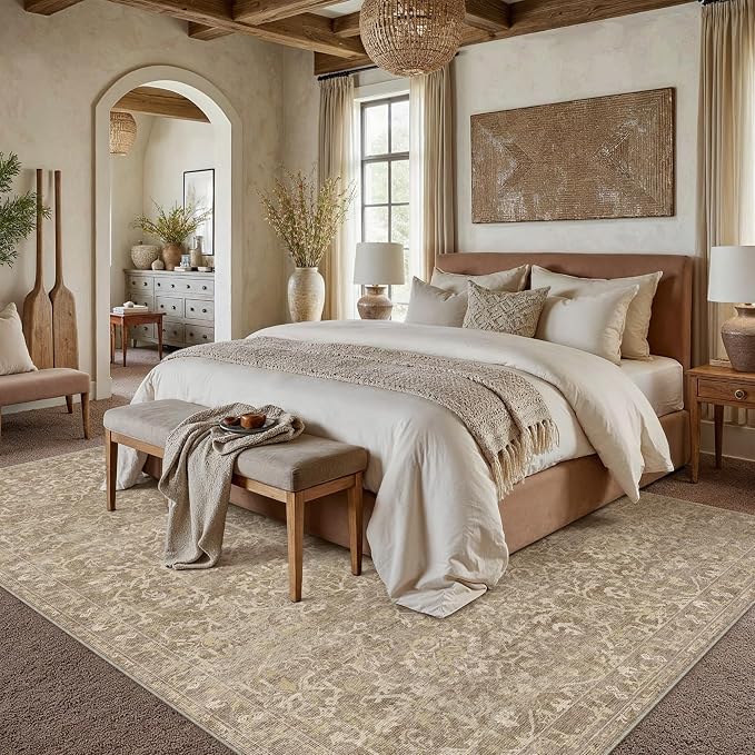 HUGEAR Area Rug 8x10 Light Brown Machine Washable Living Room Rugs Distressed Vintage Floral Vacuumable Low Pile Carpet Bedroom Office Dining Room Laundry Room Non Slip Soft Lightweight