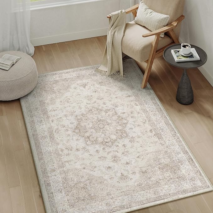 PureCozy Beige Area Rug 3x4 Washable Vintage Carpet Entryway Office Soft Retro Kitchen Low Pile Thin Door Mat Non Slip Oriental Medallion Throw Small Rug for Bathroom Bedroom Dining Living Room
