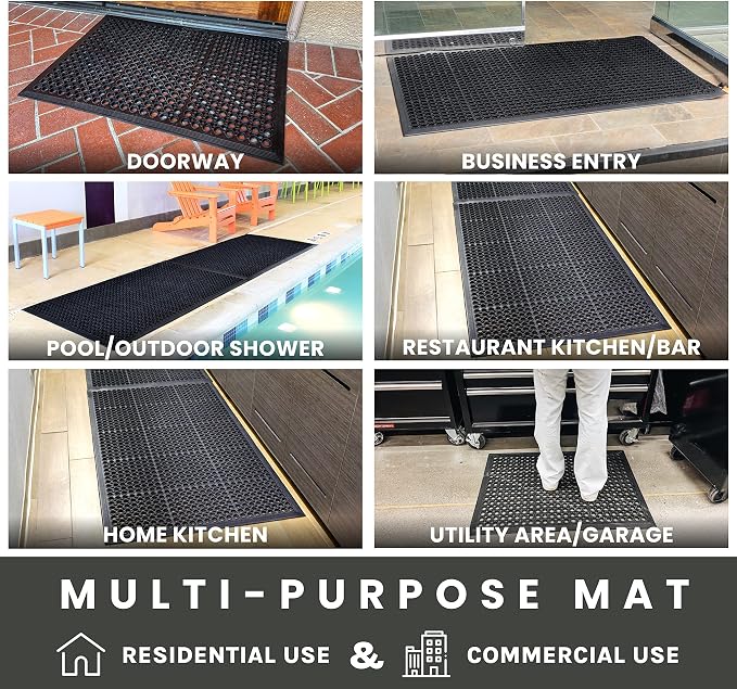 Envelor 2 Pack Anti Fatigue Mats for Kitchen Floor, Rubber Bar Mats, Non Slip Commercial Floor Mat with Drainage Holes, Indoor Outdoor Rubber Mat for Restaurant, Garage, Entryway 36 x 60 in