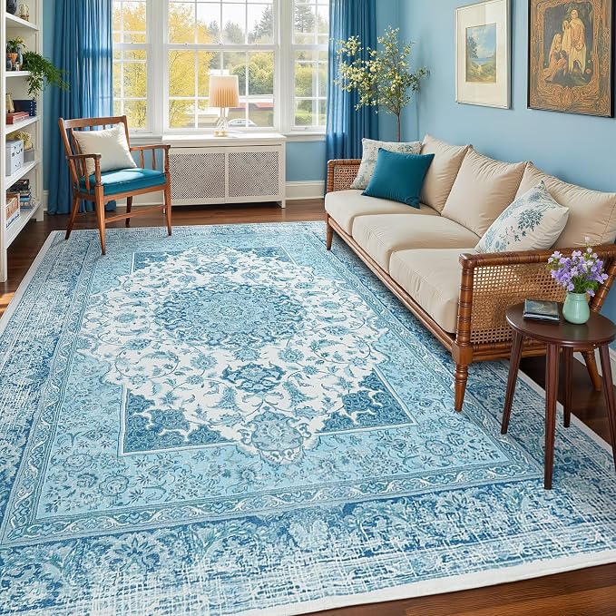 Macgace 5x7 Area Rug for Bedroom, Machine Washable Rugs with Non-Slip Backing for Living Room, Soft Vintage Carpet Kitchen Laundry Kids Room Decor, Celestial Blue