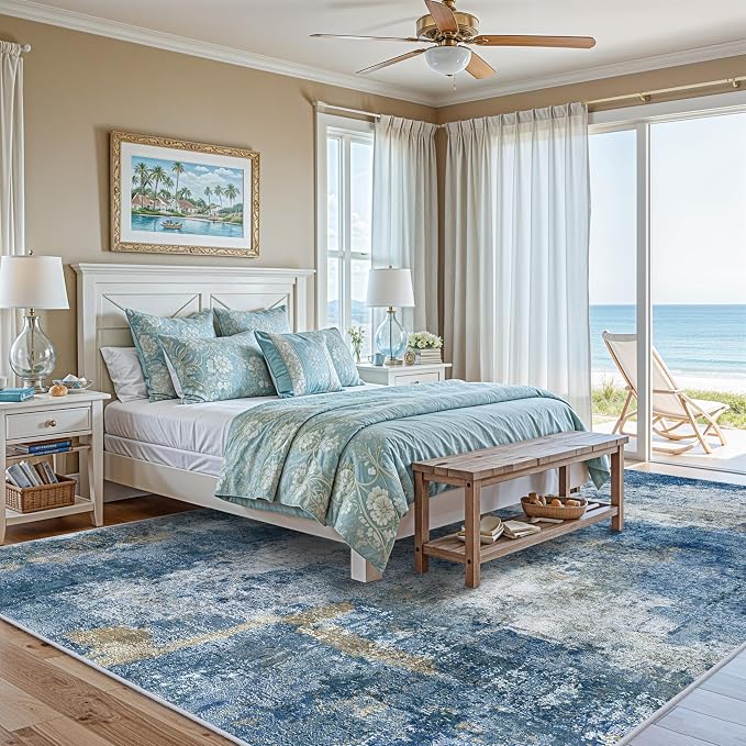 Living Room Area Rugs 9x12: Abstract Washable Bedroom Rugs with Non Slip Rubber Backing Stain Resistant Carpet for Dining Room Soft Indoor Floor Decor Mat for Households/Newlyweds 9x12 Blue White