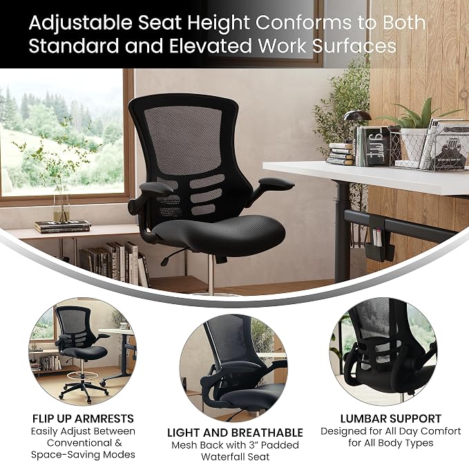 Flash Furniture Kelista Mid-Back Swivel Office Chair with Adjustable Seat Height, Ergonomic Mesh Desk Chair with Flip-Up Armrests, Black | Adjustable Foot Ring, Mid-Back, Flip-Up Arms, Mesh Back