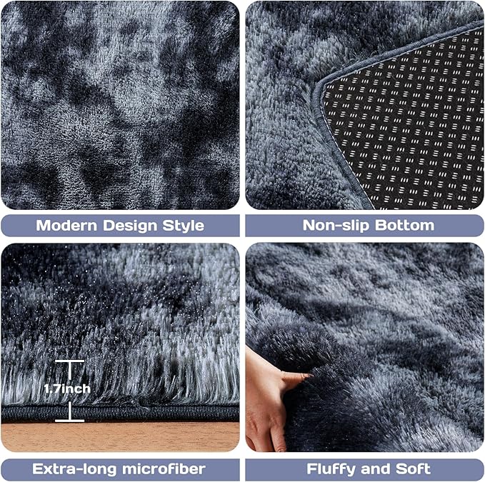 Area Rugs for Living Room Bedroom 9x12, Ultra Fluffy Shag Rug Modern Washable Carpet Soft Shaggy Non Slip Indoor Plush Fuzzy Rugs for Bedroom Dorm Office Home Aesthetic Decor, Tie-Dyed Blue Grey