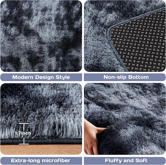 5x7 Area Rug for Living Room Bedroom, Ultra Fluffy Fuzzy Shag Area Rugs for Living Room, Anti-Skid Indoor High Pile Soft Rug Carpet for Bedroom Kids Room Nursery, Dorm Home Decor, Tie-Dyed Blue Grey