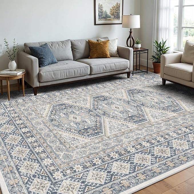 Washable Living Room Area Rug: 9x12 Large Super Soft Vintage Rugs Bedroom Oriental Indoor Rug Water Resistant Ultra Thin Carpet Non-Slip Backing Distressed Rugs for Kitchen (Blue, 9x12)