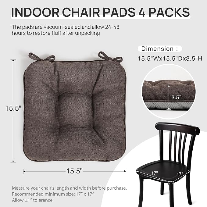 Love's cabin Memory Foam Chair Cushions Set of 4, 15.5"x15.5"x3.5" Indoor & Outdoor Seat Pads for Dining, Kitchen, Office, Patio Chairs - Coffee