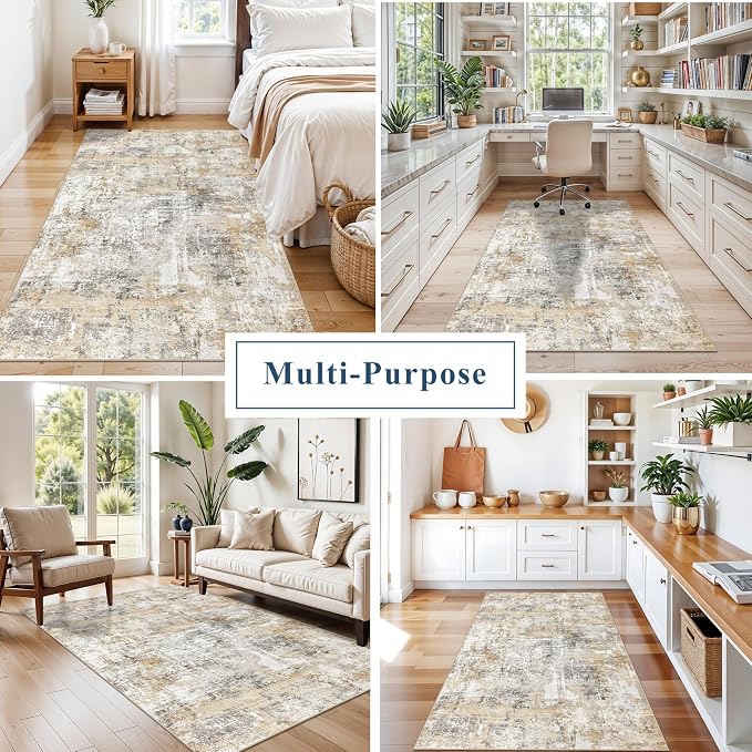4x6 Washable Entryway Rug – Non-Slip Low-Pile Small Area Rug for Kitchen Bedroom Living Room Office – Modern Abstract Neutral Throw Carpet with Rubber Backing (Gold Grey)