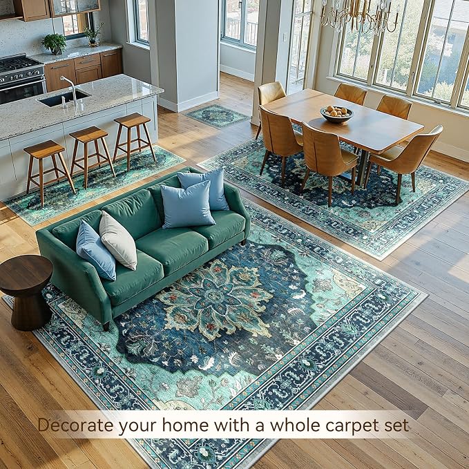 RELEANY Area Rugs 5'x7' Washable Non-Slip, Floral Vintage Distress Medallion Carpet for Living Room Bedroom Dining Room, Teal Green Lake Blue Turquoise