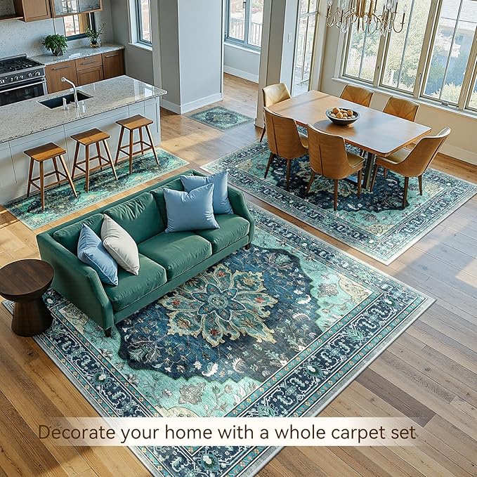 RELEANY Area Rugs Large 10'x14' Washable Non-Slip, Floral Vintage Distress Medallion Carpet for Living Room Bedroom Dining Room, Teal Green Lake Blue Turquoise