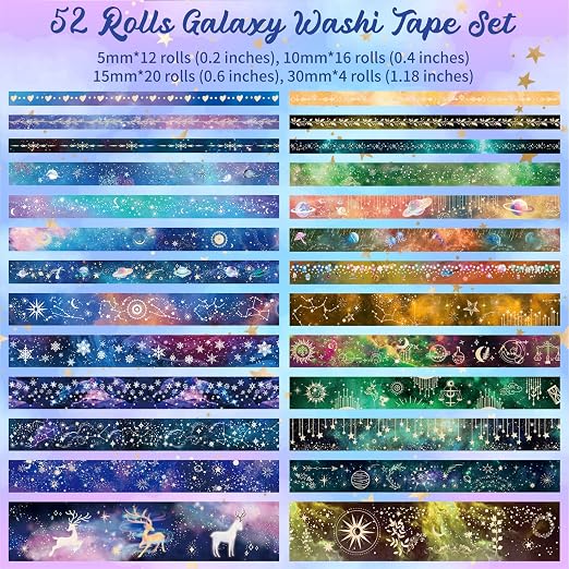Ieebee 52 Rolls Washi Tape Set, Gold Foil Galaxy Washi Tape for Journaling Supplies, 4 Size Washi Tapes for Scrapbooking, DIY Journal Set, Craft, Gift Wrapping, Painting