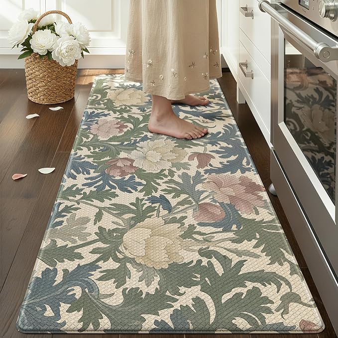 Color&Geometry Natural Floral Kitchen Mat 24x59 Anti Fatigue, Multi Color | 0.4in Thick Cushioned Standing Mat For Cooking/Working/Laundry, Flower Home Decor, Non Slip PVC Kitchen Rug, Oil/Water Proof
