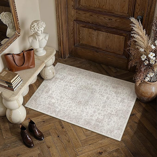 PureCozy 2x3 Area Rug Washable Neutral Beige Vintage Entryway Carpet Non Slip Low Pile Soft Door Mat Indoor Entrance Floral Small Throw Rug for Bathroom Bedroom Office Laundry Kitchen